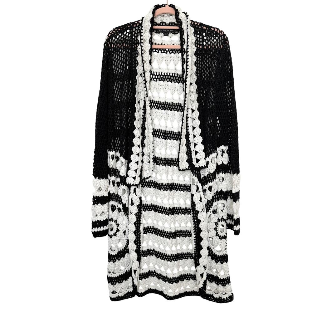 Boston Proper Crochet Longline Cardigan Black White Size XL Boho Chic Resort